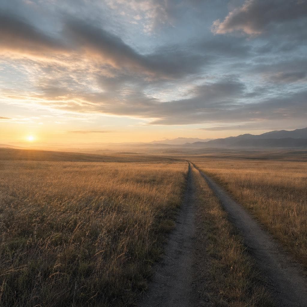 A dirt track running across open prairie at sunrise