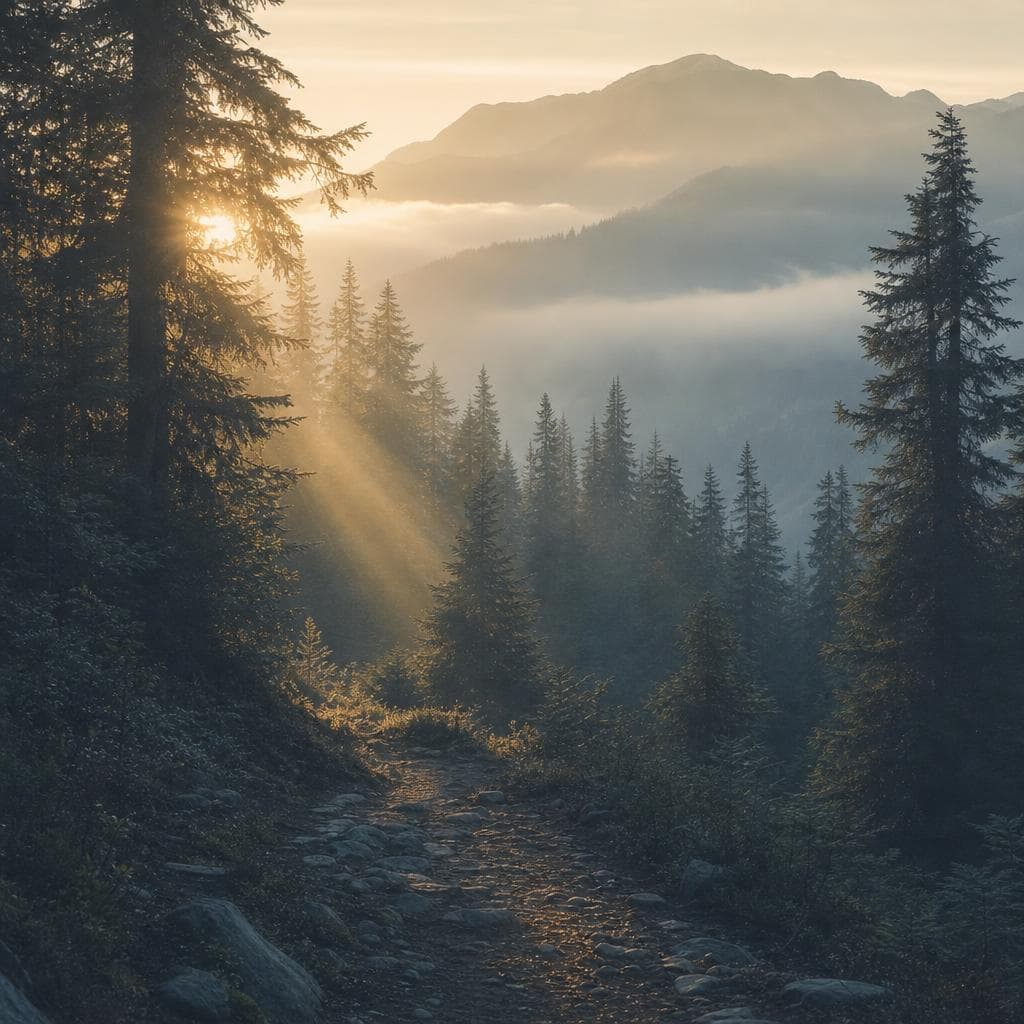 A rocky trail through evergreens at first light