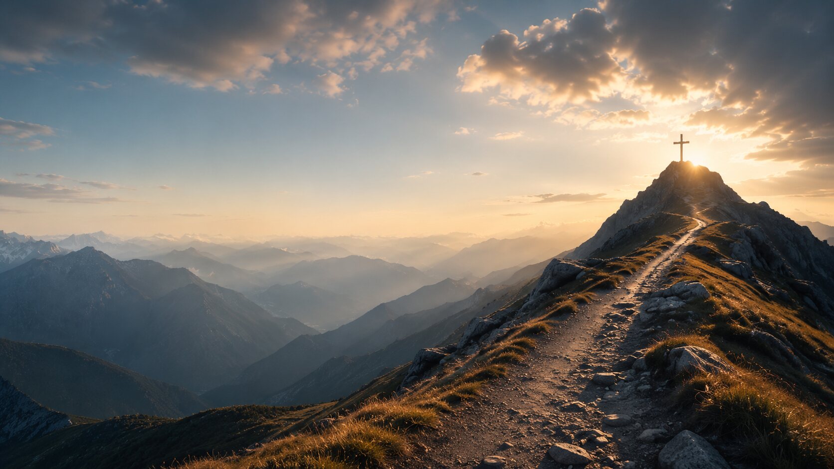 A stone path climbing a mountain ridge to a wooden cross standing on the summit against the sunrise